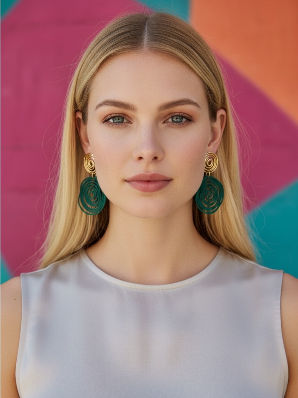"Kendra" Asymmetrical Retro Hoop Gold Turquoise Abstract Art Geometric Earrings - Picture 2 of 7